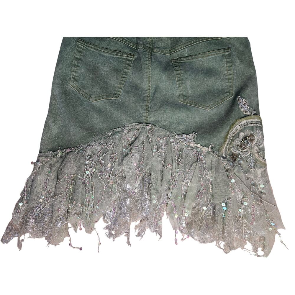 Vintage Urban Outfitters Olive Green Denim Skirt Y2K Fairy Boho Fringe 8/10 - Picture 5 of 6